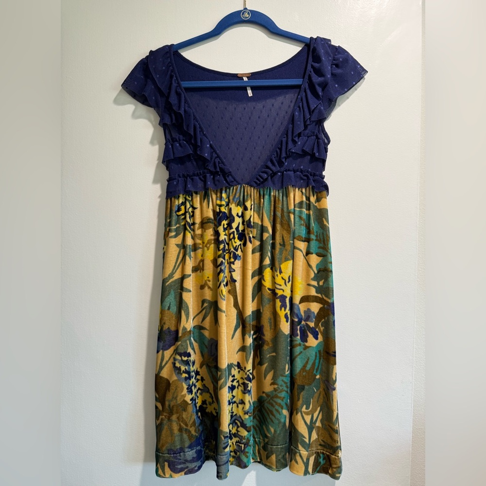 Free People Floral Ruffle Dress with Blue Top - Size: Extra Small